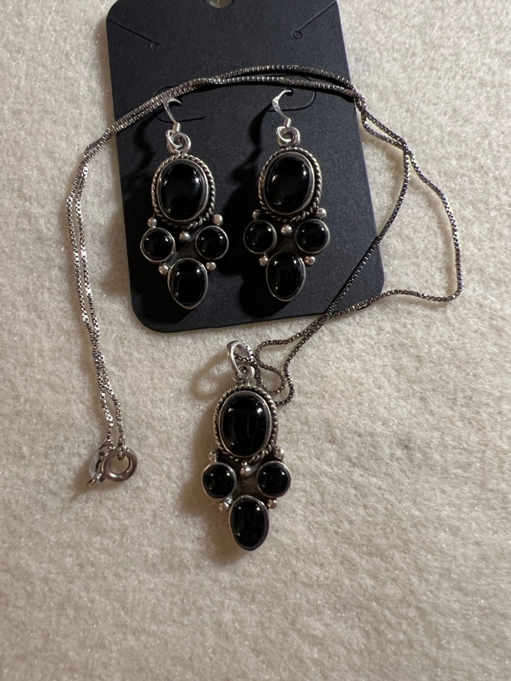925 Sterling Silver Black Onyx Pendant, 18”Necklace and Earrings Set